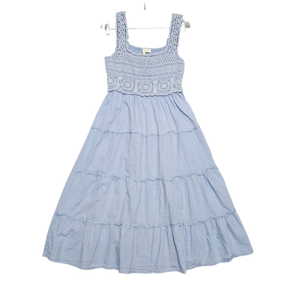 Boho Cottagecore Tiered Midi Rebellion Again Dress Women Sm Blue Crochet Bodice